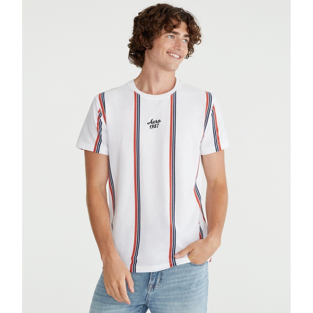 Aero Vertical Stripe Graphic Tee Shirt Mens Small Red White Blue Retro Y2K NWT